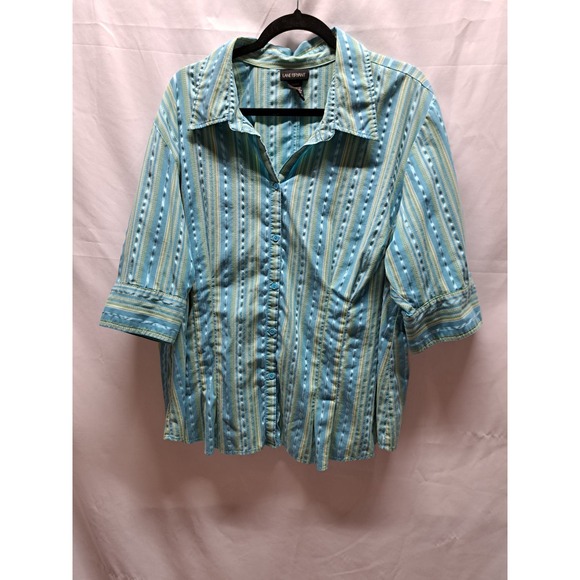 Early 2000 Y2K Lane Bryant Blue Green stripe summer button up collar shirt 22/24 - Picture 1 of 6